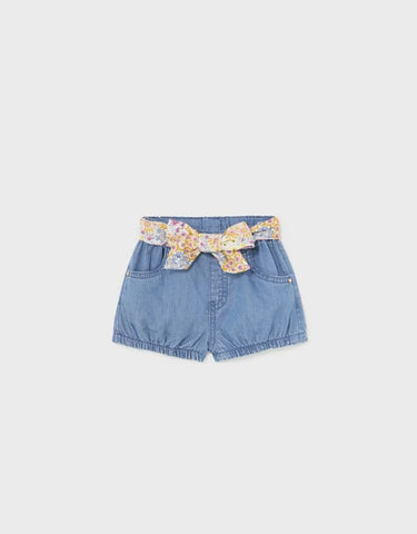 1218 Toddler Girls Sustainable Cotton Soft Denim Shorts w/Floral Waistband - Medium Wash
