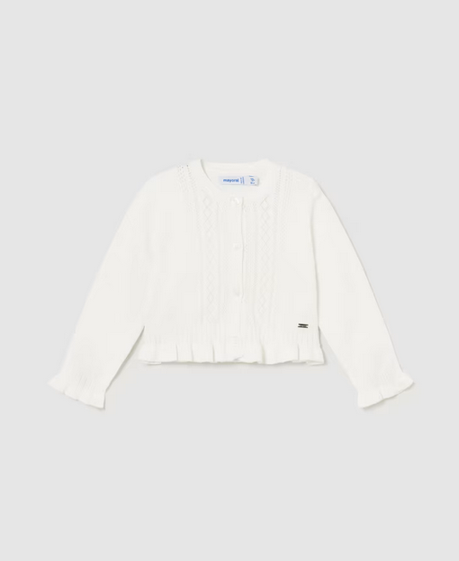 1382 Toddler Girls Openwork Knit Ruffled Edge Cardigan - Natural