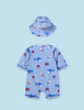 1621 Baby Boys Onepiece Rashguard Swimsuit & Sun Hat Set - Atlantic Blue Ocean