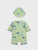 1621 Baby Boys Onepiece Rashguard Swimsuit & Sun Hat Set - Kale Green Ocean