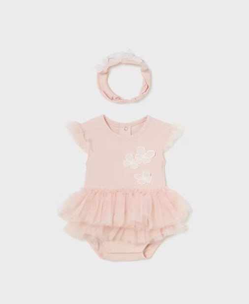 1702 Baby Girl Sustainable Cotton Tulle Tutu 3D Butterfly Bodysuit and Headband Set - Nude Pink