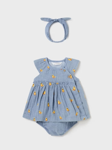 1806 Baby Girl Cotton Muslin Denim Dress w/Headband, Yellow Chickies