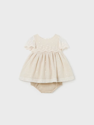 1826 Baby Girl Embroidered Tulle Dress, Natural