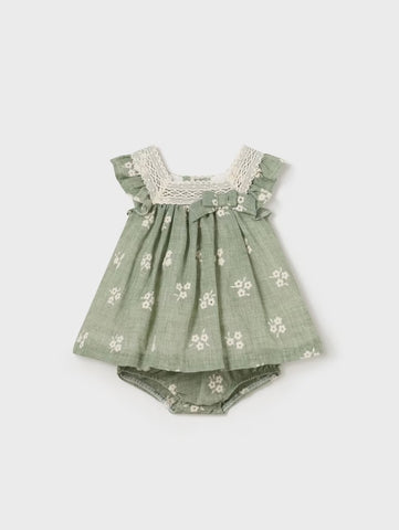 1827 Baby Girl Crochet Cotton Linen Dress & Bloomer Set, Eucaluptus
