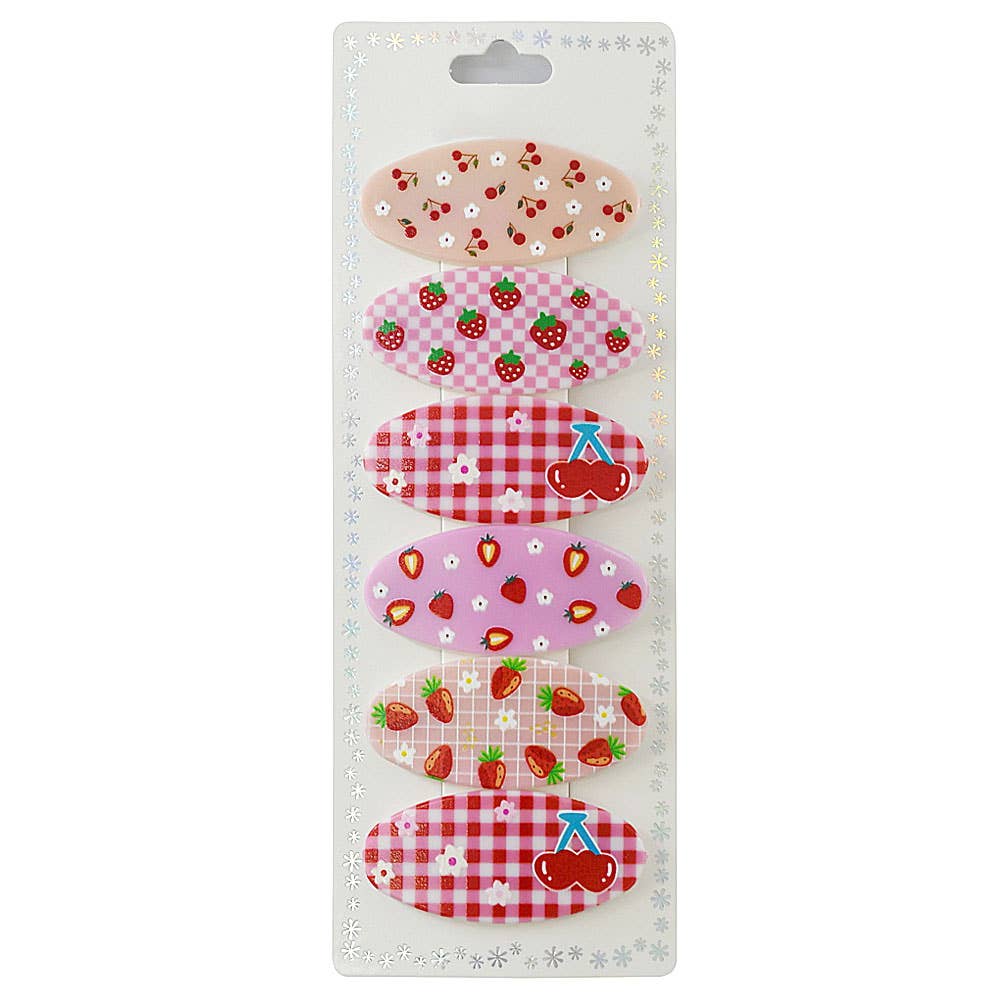 Strawberries and Cherries Set of Snap Clip Hair Clips, 6 PC Set, Beige/Pink/Red