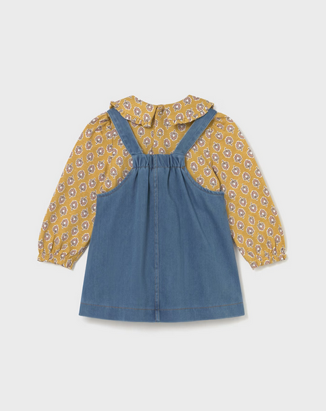 2926 Toddler Girls 2PC Dungaree Denim Overall Dress Set, Mustard Printed Ruffled Blouse 6-9 mo