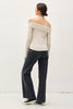 Women's/Teens Soft Solid Off Shoulder Long Sleeve Fitted Top: Ecru
