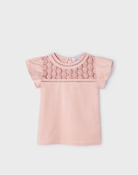 3078 Mini Girls Sustainable Cotton Guipure Lace Capsleeve Tshirt - Nude Pink