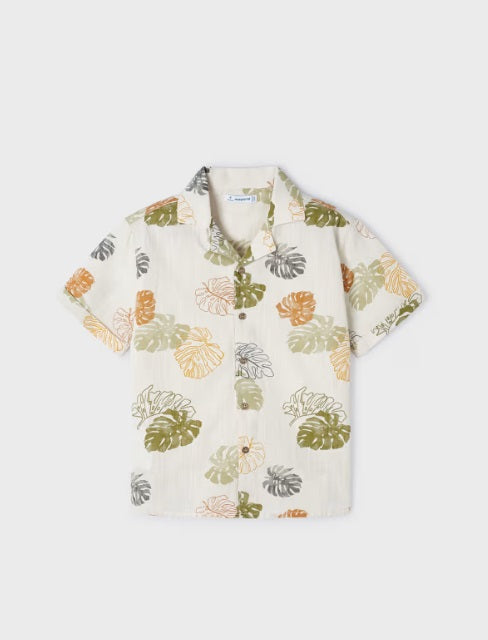 3114 Mini Boys S/S Button Up Collared Palm Print Shirt - Iguana Green
