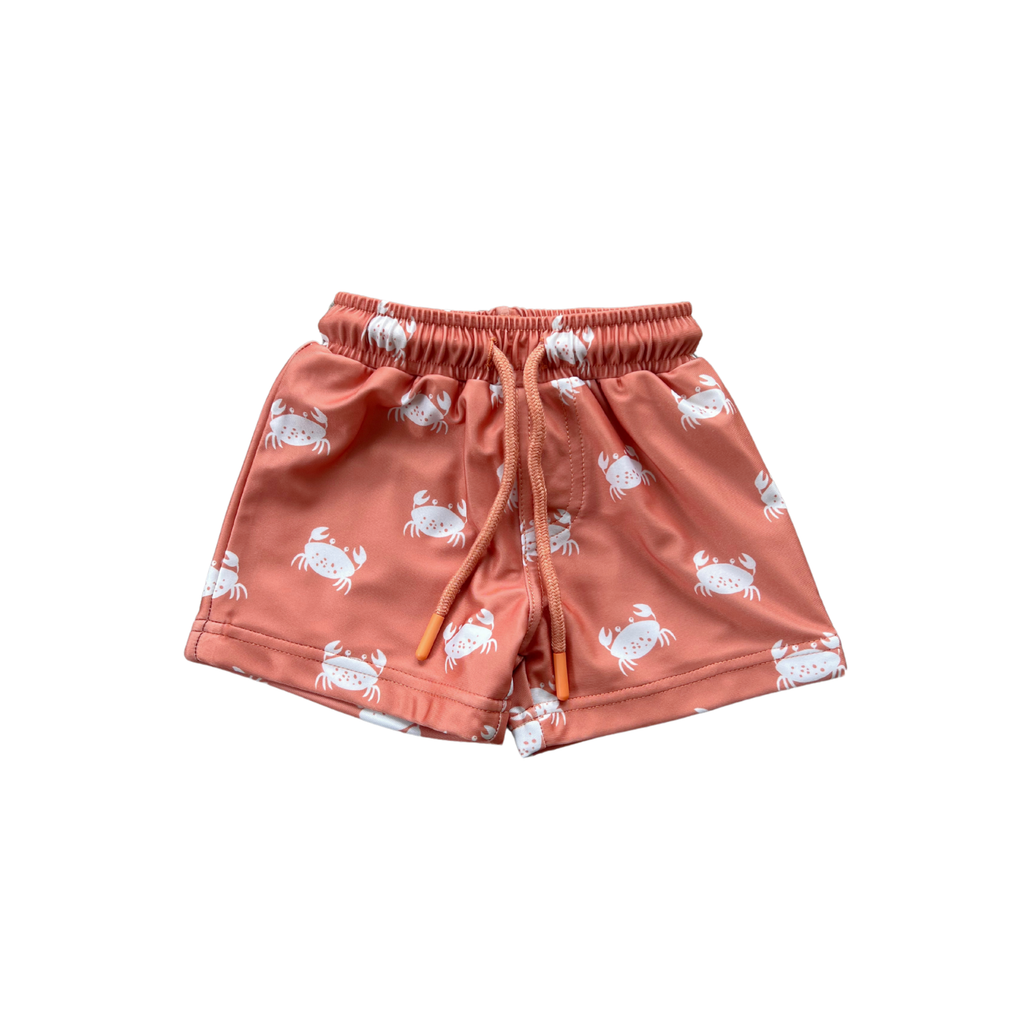 Toddler and Mini Boy's Swim Shorts Recycled Swimwear UPF 50, Crab Sunset