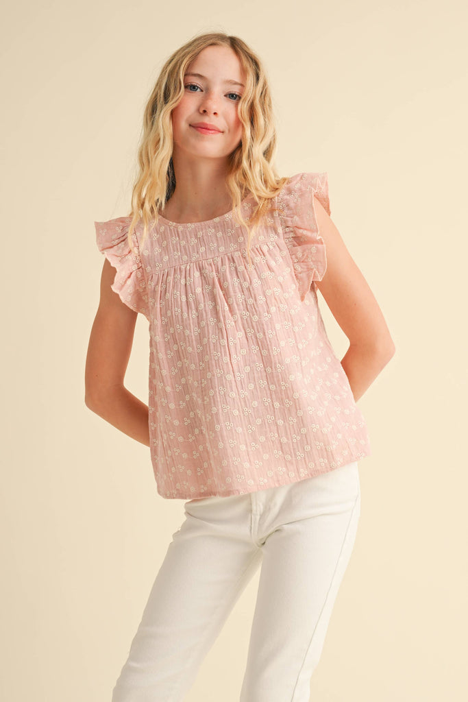 Tween/Teen Girls Flutter Eyelet Crochet Lace Tie Back Top - Blush Pink