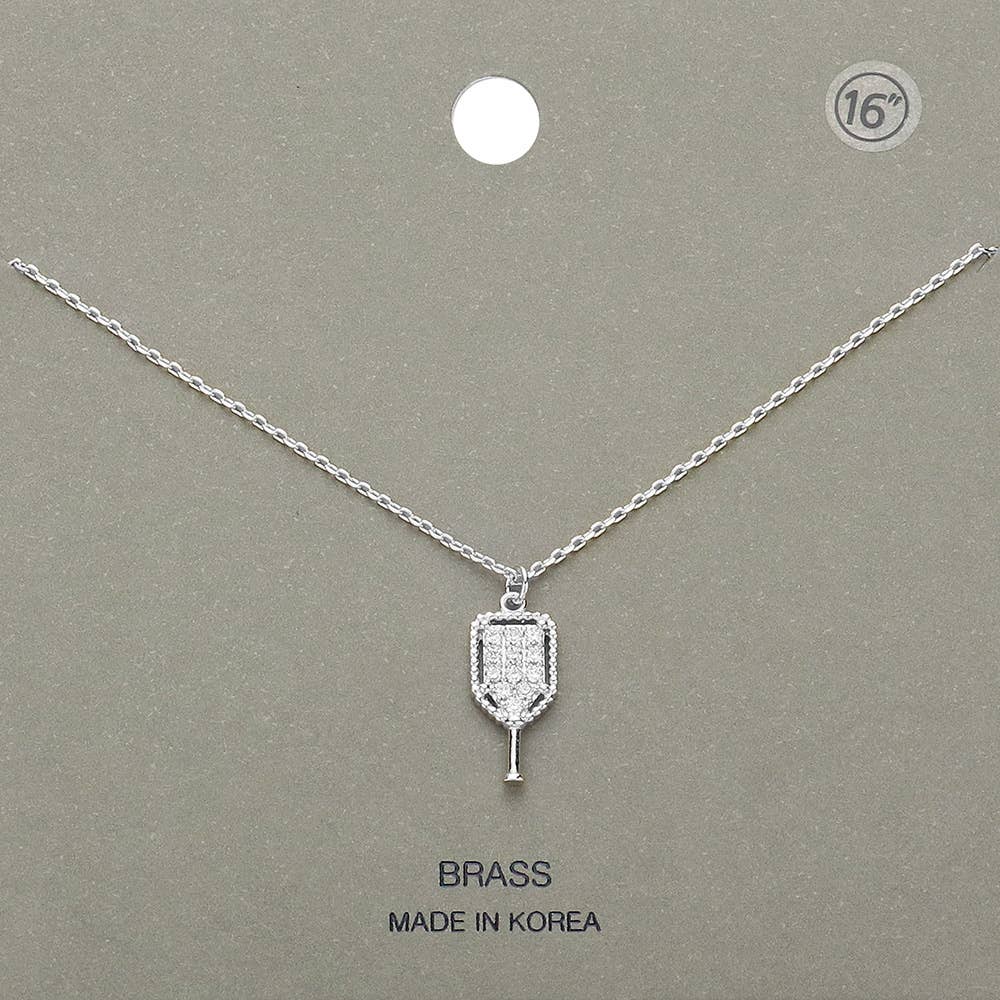Pave Crystal Stone Pickleball Pendant Necklace: Silver and Clear Crystal