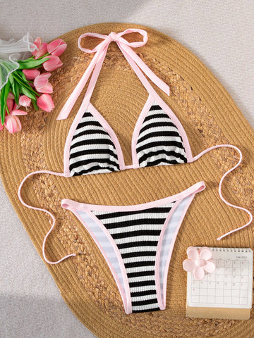 Women's and Teens Swim 2PC Bikini Set, Contrasting B/W Stripe and Pink