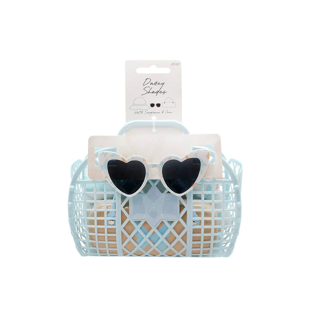Kids Sunglasses, Carrying Case, Bucket Sun Hat, and Beach Bag 4 PC Set, Blue Butterfly, 3Y-9Y