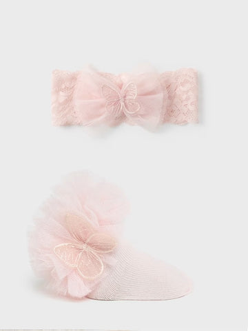 9710 Baby Girl Organic Cotton Butterfly Tutu Ankle Sock & Headband Set - Nude Pink