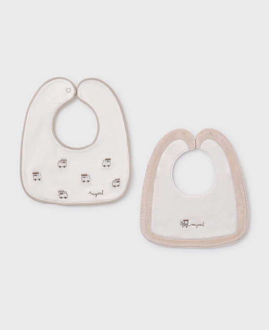 9950 Baby Boys Waterproof Embroidered Velour 2PC Snap Bib Set - Neutral Tan Milk Train