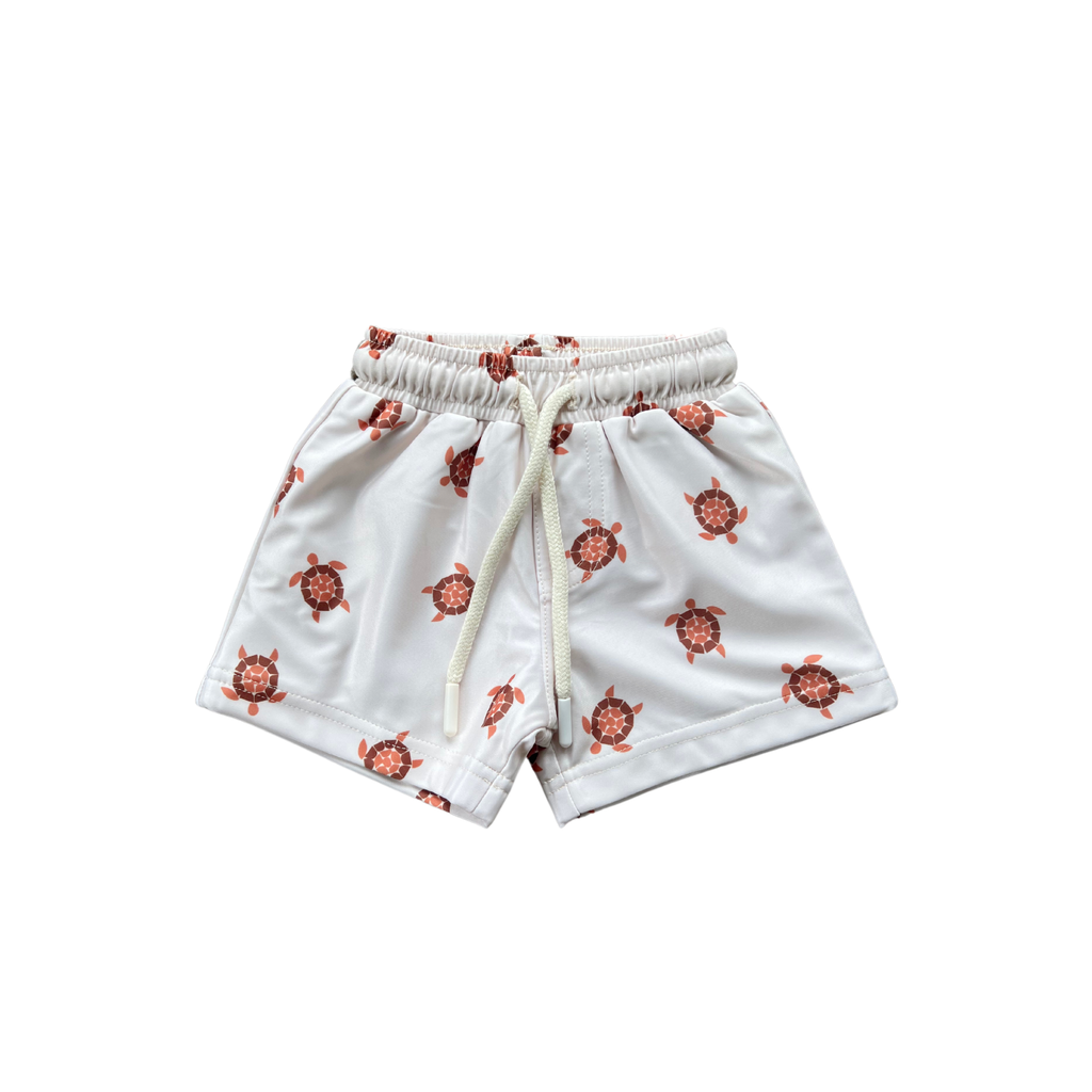 Toddler and Mini Boy's Swim Shorts Recycled Swimwear UPF 50, Natural Sand Turtle