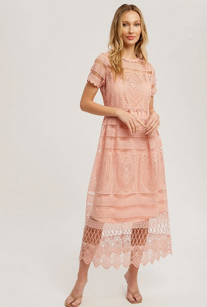Women's/Junior Crochet Lace Midi Dress, Peach S (Fits Adult Size 2-4) Women's/Junior Crochet Lace Midi Dress, Peach S (Fits Adult Size 2-4)