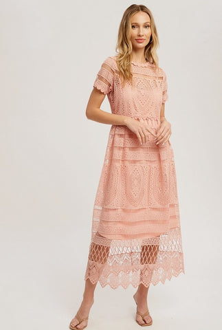 Women's/Junior Crochet Lace Midi Dress, Peach