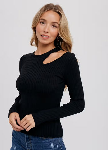 Women's/Junior L/S Cutout Shoulder Ribbed Top - Black