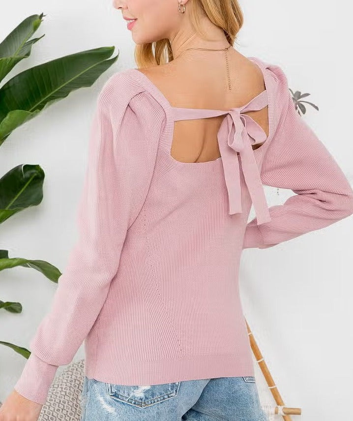Women's/Junior Square Neck Bow Tie Back Sweater Knit Top - Rose Pink