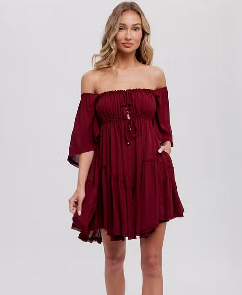 Womens/Junior Adjustable Ruffled Ruched Mini Dress w/Pockets - Burgundy