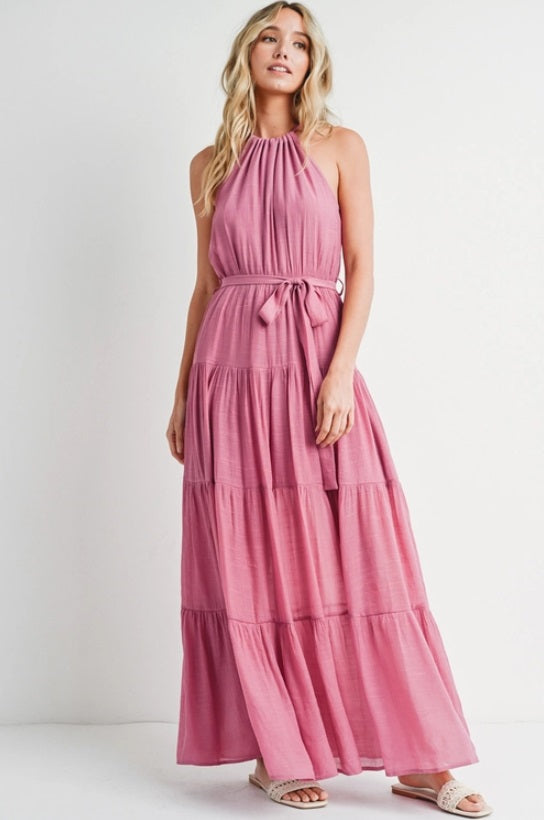 Women's/Junior Tiered Halter Tie Waist Maxi Sun Dress, Orchid Pink