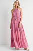 Women's/Junior Tiered Halter Tie Waist Maxi Sun Dress, Orchid Pink