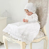 Heirloom Christening Long Royal Length Gown, Overlay Vintage Lace, Long Sleeve w/Bonnet, White