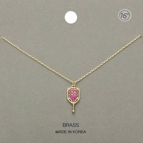 Crystal Pave Stone Pickleball Pendant Necklace: Gold and Fuchsia