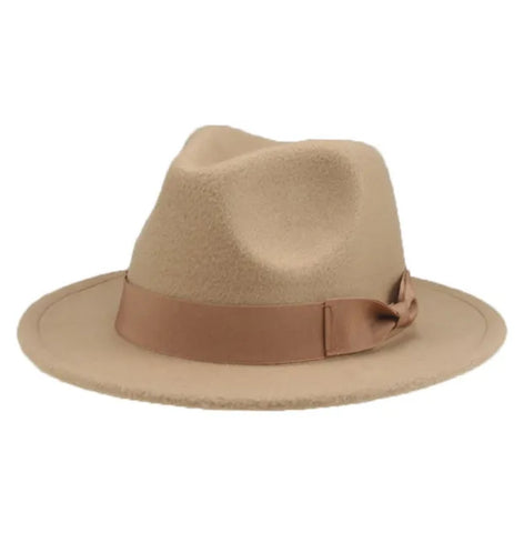 Large Brim Felt Fedora Hat, Grosgrain Trim, Camel Tan