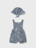 1665 Infant Girls Overall Bubble Romper w/Sun Hat - Embroidered Soft Denim