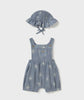 1665 Infant Girls Overall Bubble Romper w/Sun Hat - Embroidered Soft Denim