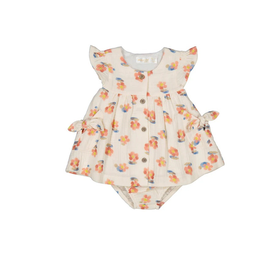 1851 Infant Girls Muslin Sun Dress with Bloomers - Peach Floral