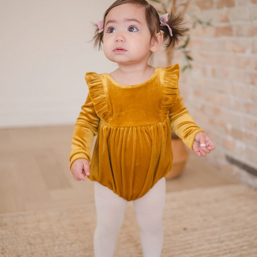 Golden velvet bubble romper, long sleeve ruffled shoulder