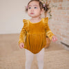 Golden velvet bubble romper, long sleeve ruffled shoulder