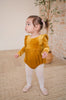 Golden velvet bubble romper, long sleeve ruffled shoulder