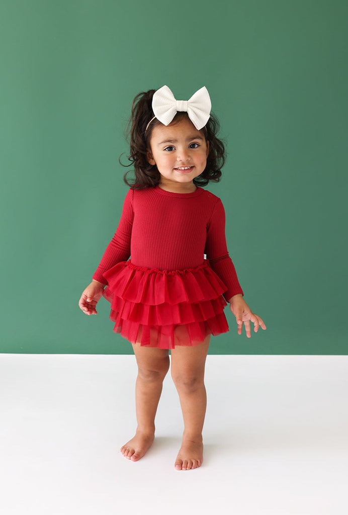 Posh Peanut Ribbed Bamboo L/S Tulle Skirt Twirl Bodysuit Dress - Solid Dark Red