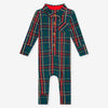 Posh Peanut Bamboo L/S Collared Henley Long Romper - Tartan Plaid
