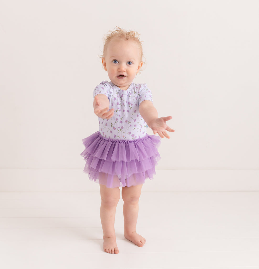 Posh Peanut Bamboo S/S Tulle Skirt Bodysuit Dress - Jeanette Lavender Micro Floral