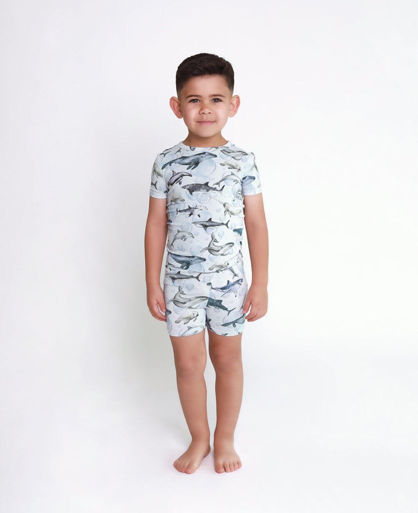 Posh Peanut Bamboo Kids S/S 2PC Basic Short Length PJ Lounge Set - Sharkly
