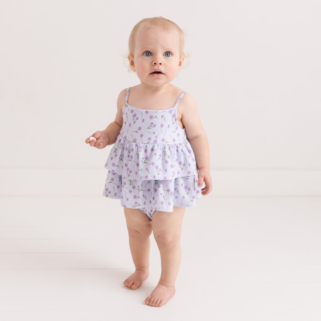 Posh Peanut Bamboo Basic Ruffled Spaghetti Romper - Jeanette Lavender Micro Floral