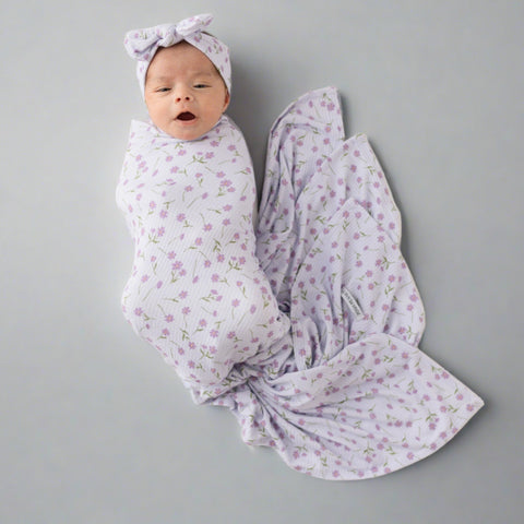 Posh Peanut Ribbed Bamboo Bow Headband & Swaddle Blanket - Jeanette Lavender Micro Floral