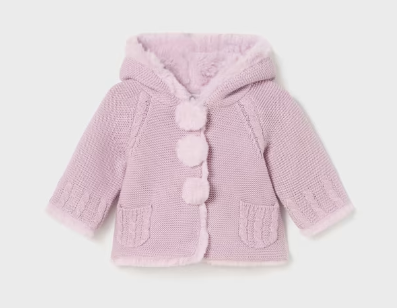2304 Mayoral Baby Girls Pompom Plush Lined Knit Cardigan - Violet Mauve