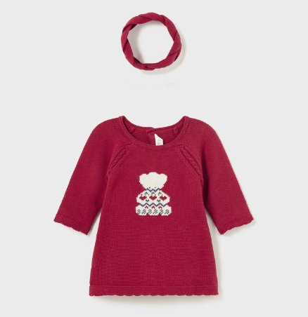 2842 Mayoral Baby Girls Intarsia Knit Dress & Headband Set, Cherry Bear