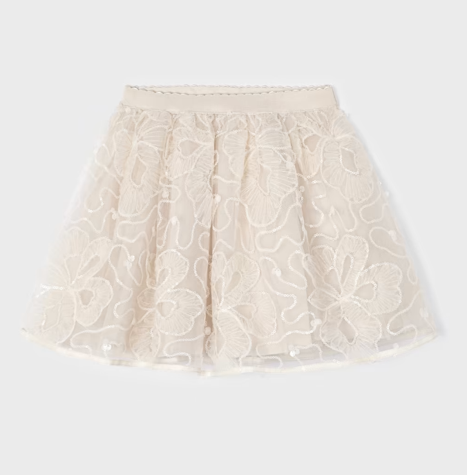 Sequined Applique Overlay Tulle Skirt - Champagne - Front