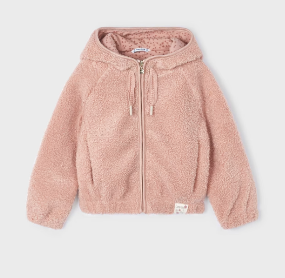Curly Faux Fur Zippered Hooded Jacket - Pink - Front