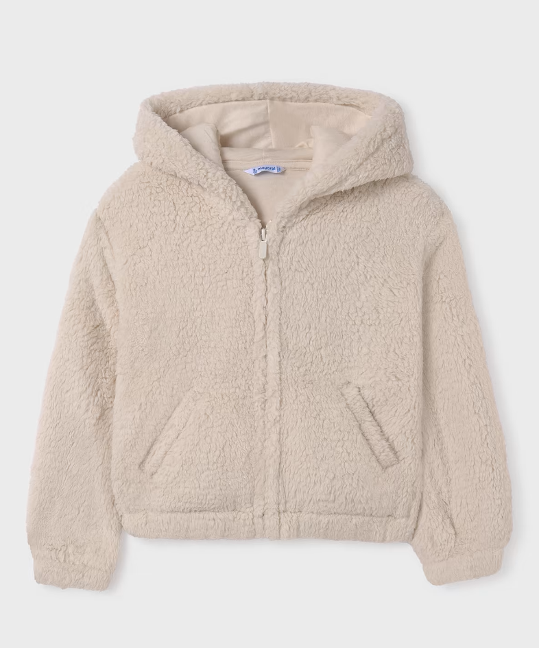 Mayoral Tween/Teen Girls Faux Wool Plush Hooded Zippered Jacket - Chickpea - Front