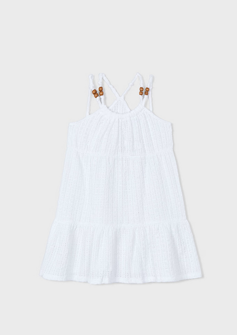 3936 Mini Girls Eco-Sustainable Open Knit Wood Bead Sundress/Swim Cover Up - White