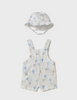 1601 Infant Boy Cotton Linen Overall Romper w/Sun Hat - Sky Blue Elephant Kites